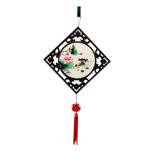 Asian Two Side Porcelain Plate Carved Brown Frame Red Tassel Wall Decor 32in - Picture 4 of 5